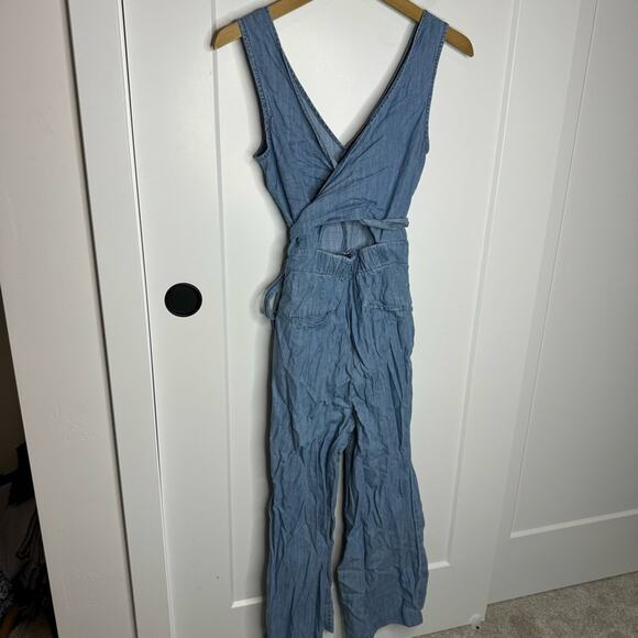 J. Crew Wrap Around Waist Tie V-neck Chambray Blue Jumpsuit Size 0 - Picture 5 of 8